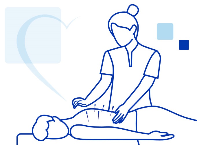 Female acupuncturist showing points on acupuncture model of human body to her patient.